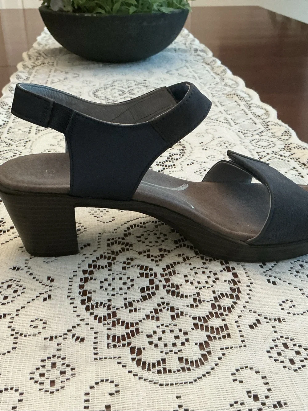 Naot Navy Nubuck Block Heel Sandals
